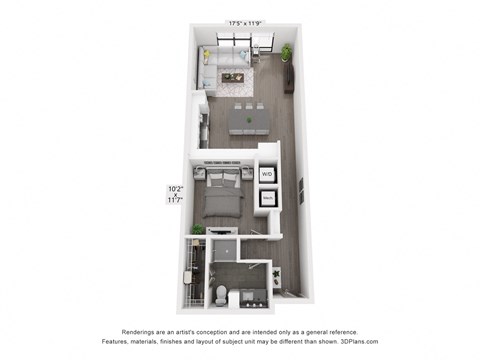 Floor plan for 1 bed, 1 bath, 819 sqft